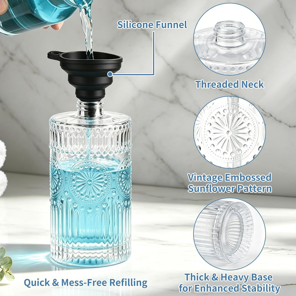 Vintage Glass Soap Dispenser, 16 fl oz Refillable Liquid Hand Soap Bottle with Pump, Sunflower Embossed Dish Soap Dispenser for Bathroom, Kitchen, Shower (Clear)