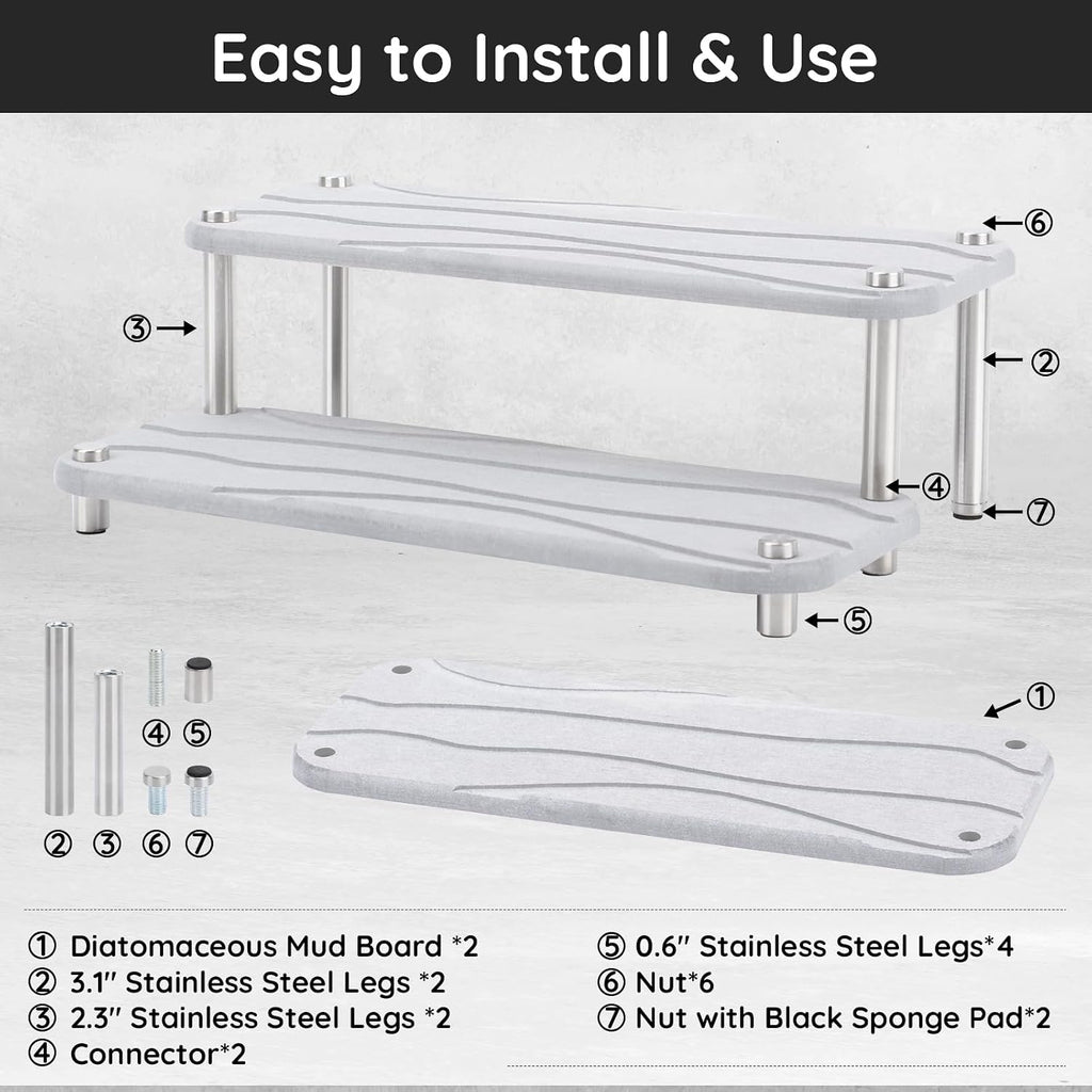 Segbeauty 2 Tier Quick Dry Diatomaceous Earth Stone Tray, 11x4.3in Water Absorbing Bathroom Tray Countertop Organizer Instant Drying Vanity Tray, Kitchen Counter Dish Soap Dispenser Rack Sponge Holder