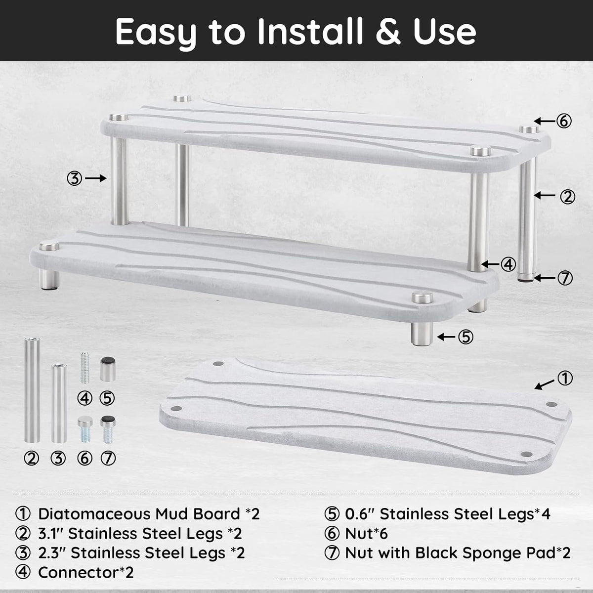 Segbeauty 2 Tier Quick Dry Diatomaceous Earth Stone Tray, 11x4.3in Water Absorbing Bathroom Tray Countertop Organizer Instant Drying Vanity Tray, Kitchen Counter Dish Soap Dispenser Rack Sponge Holder