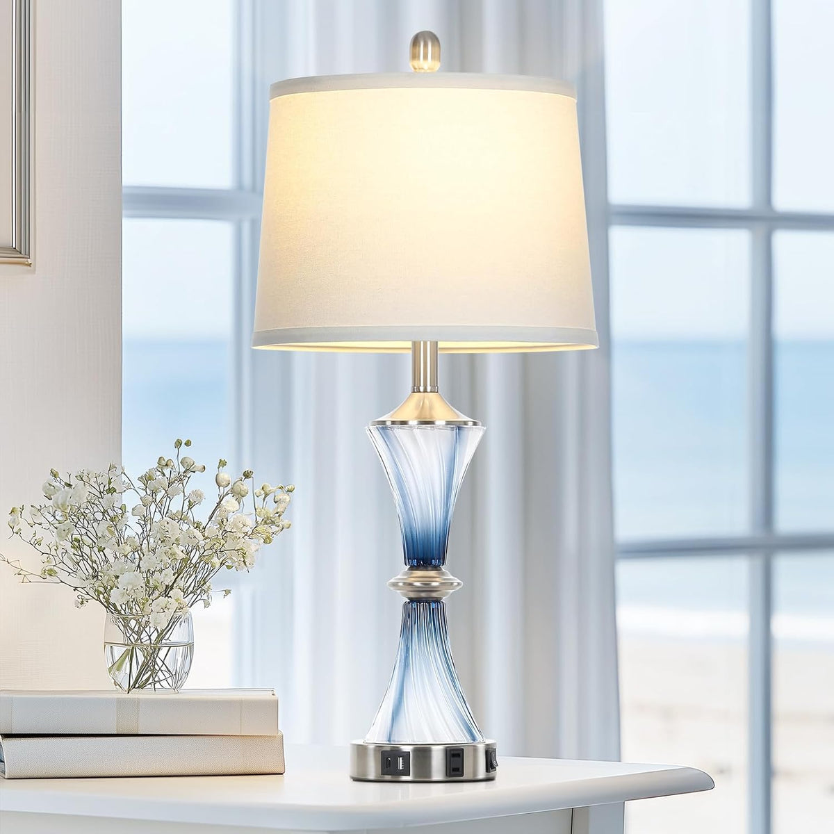 Rinweey Blue Glass Table Lamp with USB C+A Ports & AC Outlet,Coastal Bedside Lamp for Night Stands Bedroom Living Room,Nightstand Lamp LED Bulbs Included,Single Blue