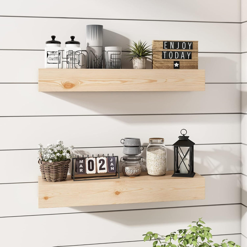 Wall Floating Shelves, Rustic Wood Shelf for Wall Mounted - Wooden Handmade Shelves for Bathroom Kitchen Livingroom - No Stain - DIY(Unfinished, 24 Inch - 2 Pack)