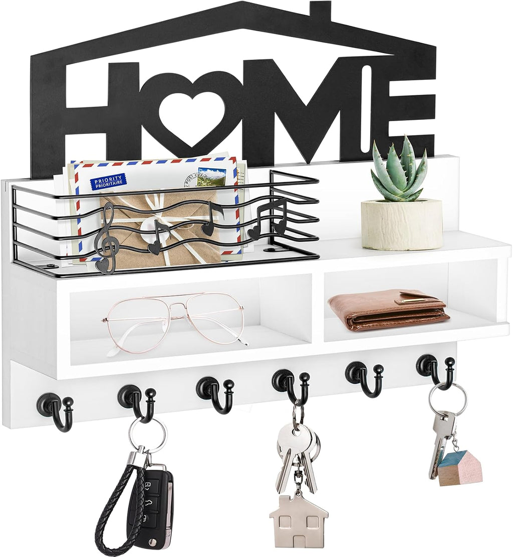 VIS'V Key Holder Wall Mount, Decorative Wood Mail and Key Organizer, White