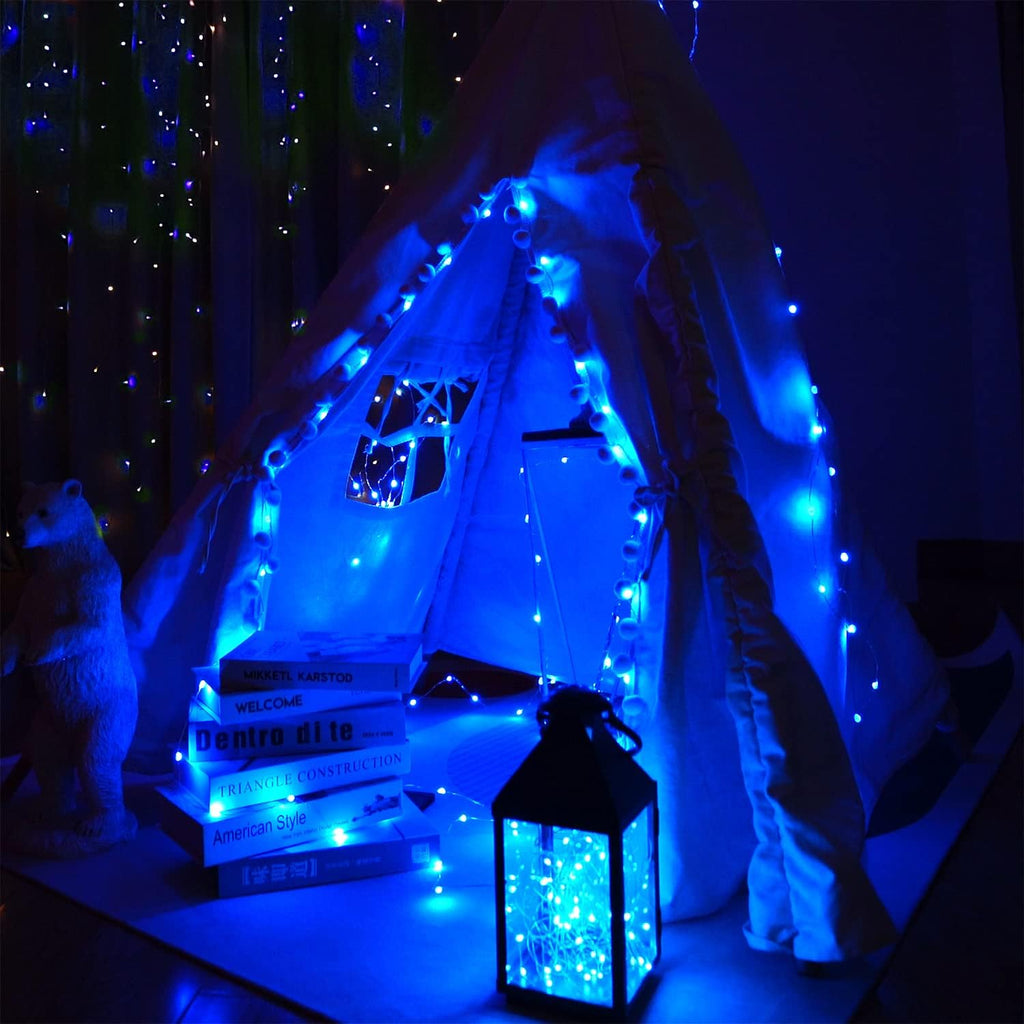 Homemory 2 Pack 33 Ft 100 LED Blue Christmas Fairy Lights, Battery Operated String Lights with Remote, Waterproof 8 Modes Firefly Twinkle String Lights for Christmas Decor