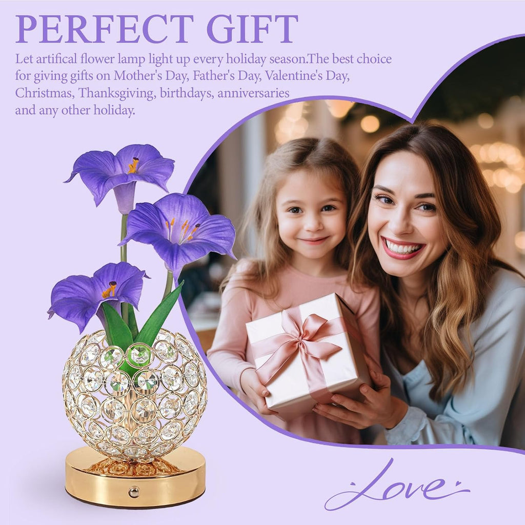 Flower Table Lamp, 3 Colors Touch Stepless Dimming Crystal Night Light, Rechargeable Artificial Morning Glory Light, LED Flower with Vase Lamp Romantic Decor for Date Party Home (Morning Glory-Purple)