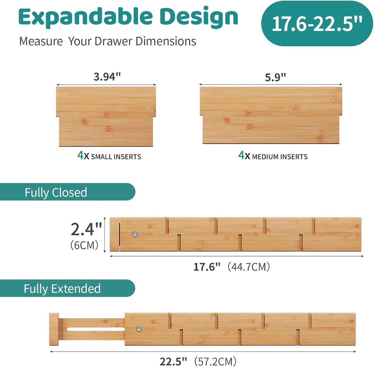 Bamboo Drawer Dividers with Inserts, Kitchen Adjustable Drawer Organizers, Expandable Organization for Home, Dressers, 4 Dividers with 8 Inserts