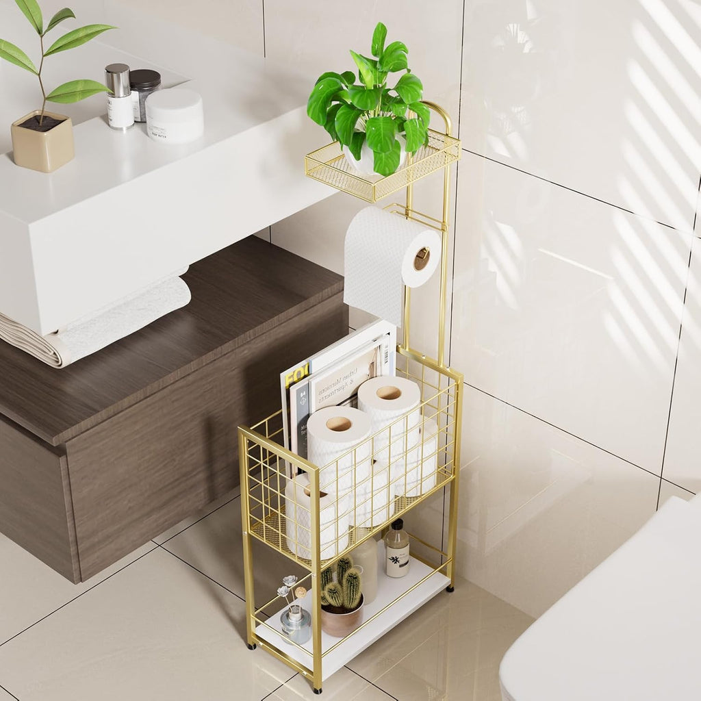 SWTYMIKI Freestanding Toilet Paper Holder - 4-Tier Free Standing Toilet Paper Holder Stand with Large Basket, Stand Mega Roll Storage Rack for Extra Rolls, Magazines, Wet Wipes, Gold