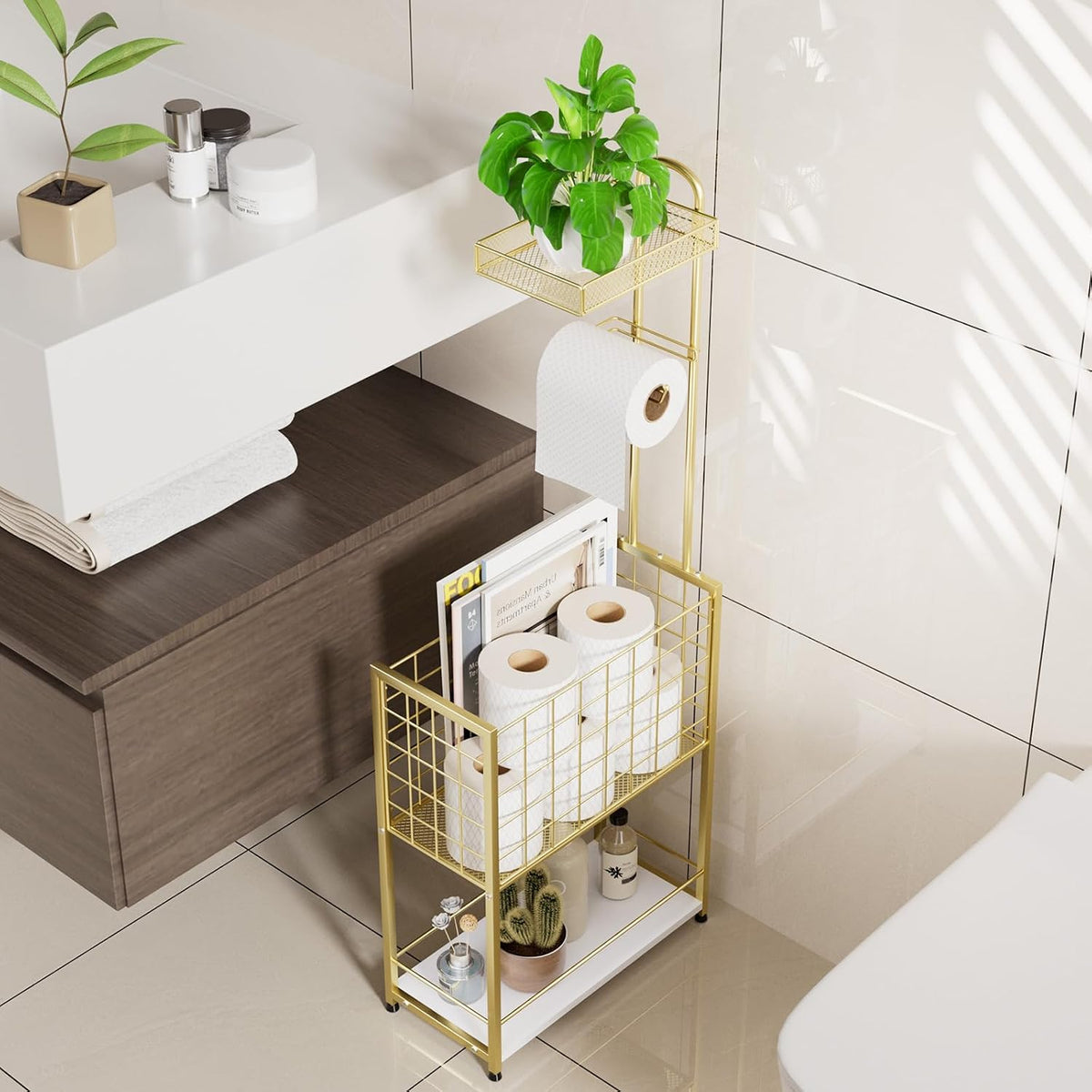 SWTYMIKI Freestanding Toilet Paper Holder - 4-Tier Free Standing Toilet Paper Holder Stand with Large Basket, Stand Mega Roll Storage Rack for Extra Rolls, Magazines, Wet Wipes, Gold