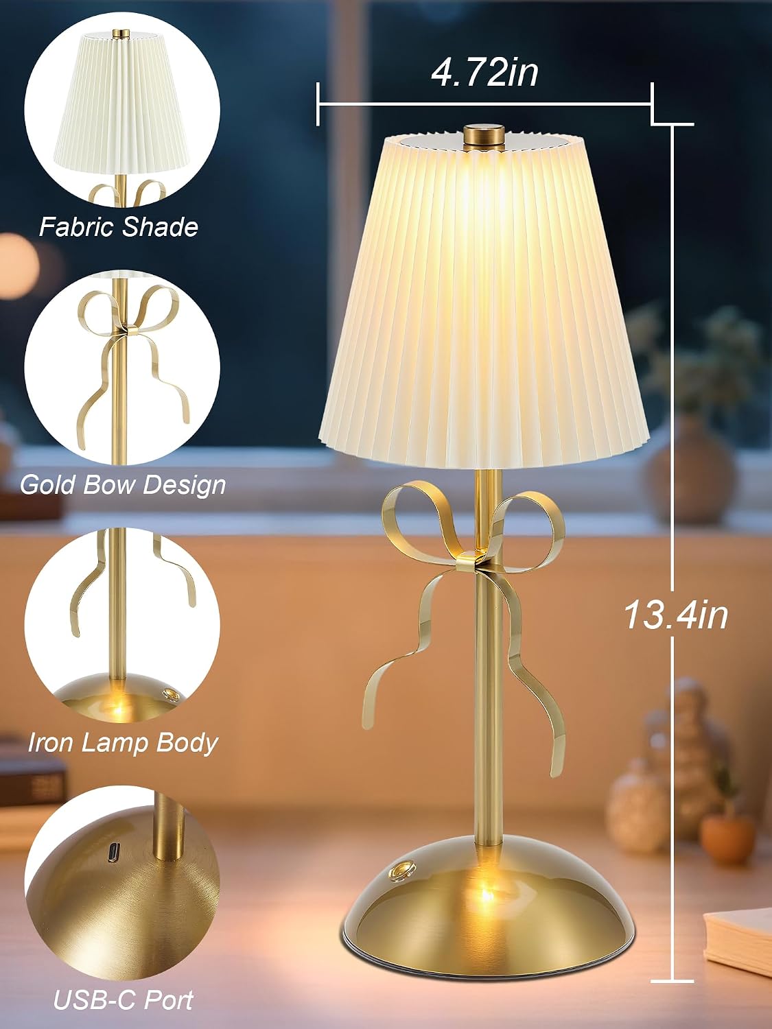 Rechargeable Small Table Lamp,Cute Desk Lamp,Gold Bow Lamp