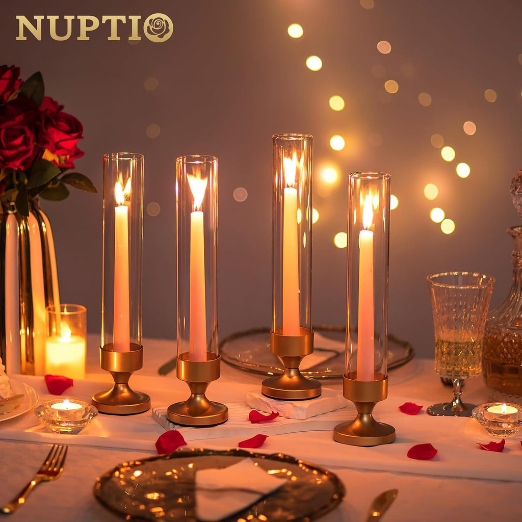 NUPTIO Hurricane Glass Candle Holder: Set of 10 Metal Taper Candle Holders
