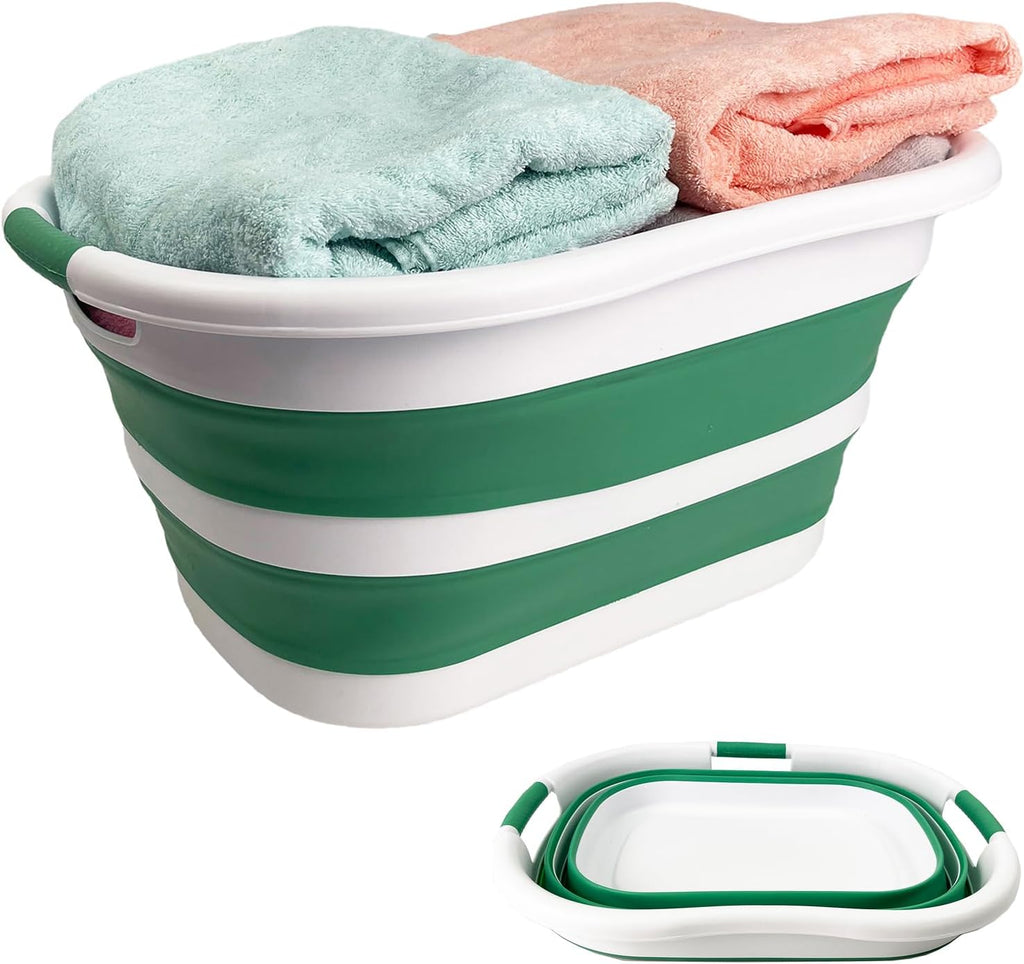 SAMMART 40L (10.5 gallon) Collapsible Plastic Laundry Hamper - Foldable Pop Up Storage Container/Organizer - Portable Washing Tub - Space Saving Basket (1, White/Winter Green)