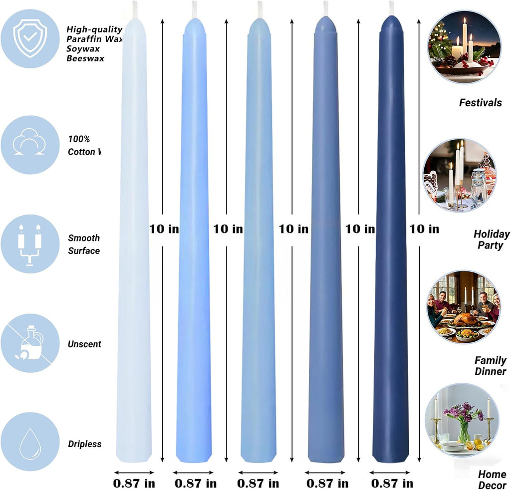 10 Inch Gradient Blue Smooth Taper Candles for Home Decor