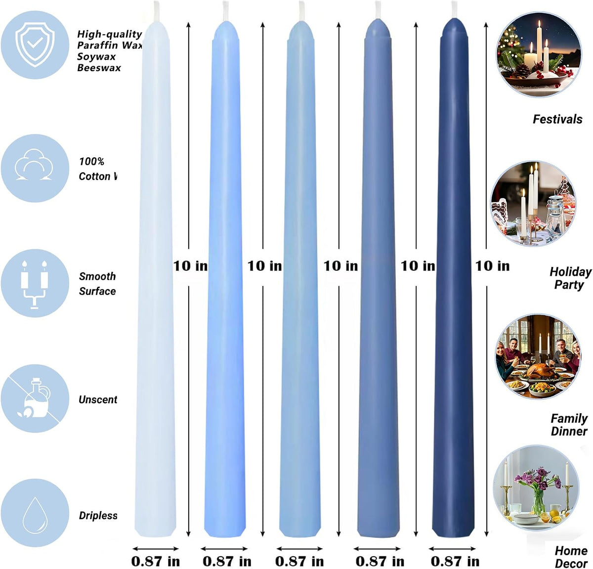 10 Inch Gradient Blue Smooth Taper Candles for Home Decor