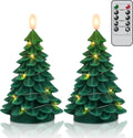 GenSwin Christmas Tree Flameless Candles, Christmas LED Taper Candles with Remote Timer and 3D Flame, 2 Pcs Green LED Pillar Candlesticks with String Lights for Christmas Home Decoration(3” x 7.1”)