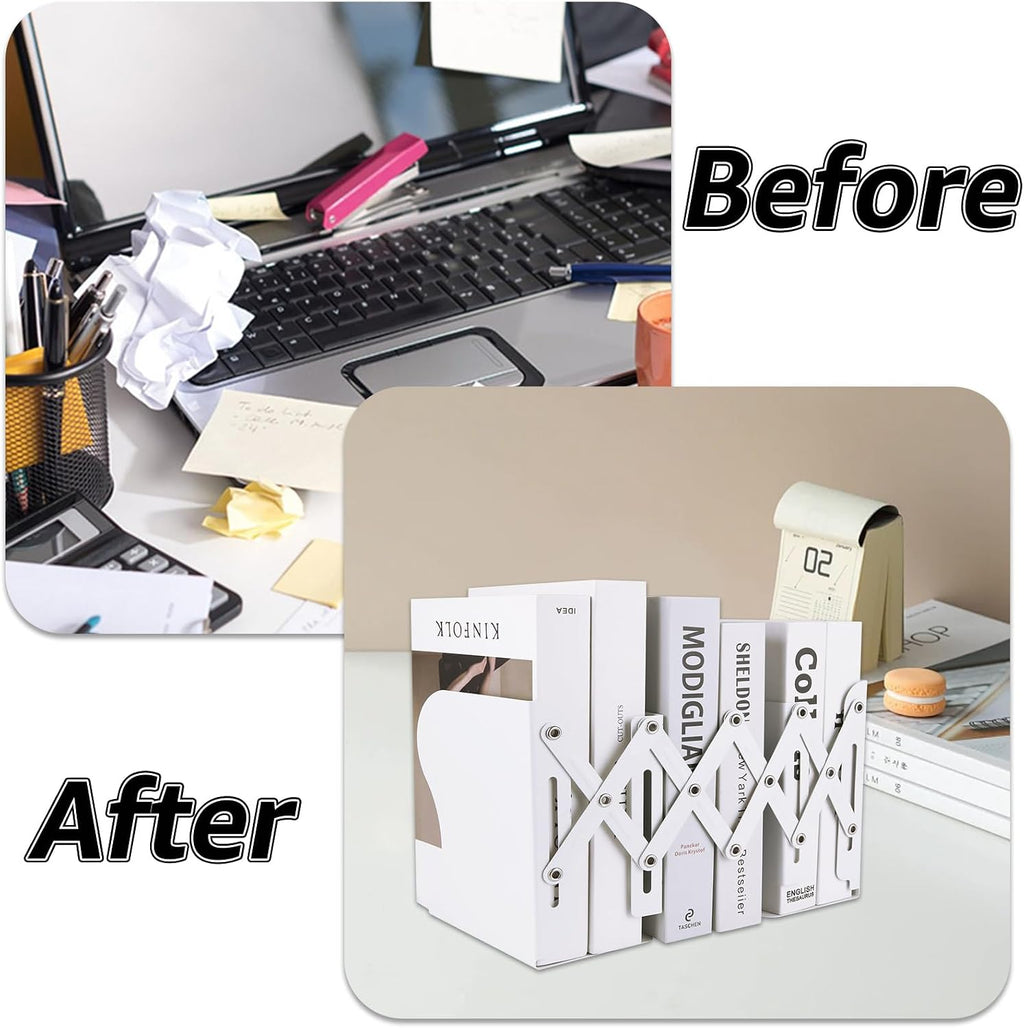 SHUESS 2 Pack Adjustable Bookends, Expandable Metal Book Holder With 2 Dividers, White Stoppers for Heavy Duty Books, Desk Ends for Shelves, Office & School