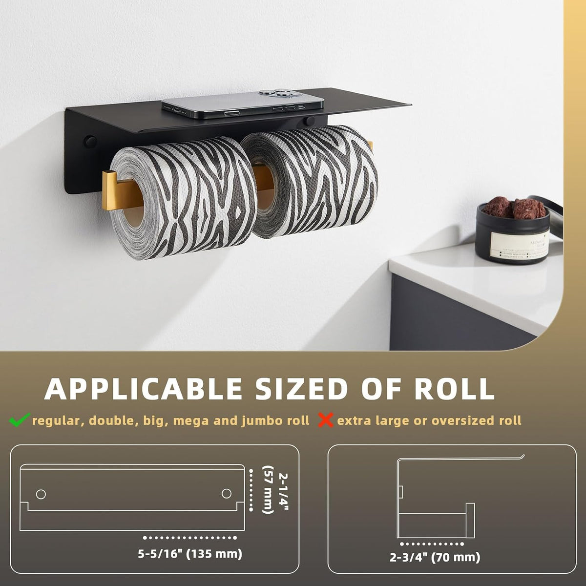 Angle Simple Bathroom Toilet Paper Holder with Phone Shelf, Black and Gold