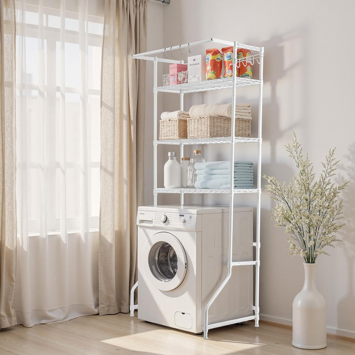 VEVOR Over the Washer and Dryer Storage Shelf, 3 Tier Laundry Room Drying Rack with Hanger Rod and Hooks, Adjustable Over Washer and Dryer Shelves, Laundry Room Shelf Storage Space Saver, White