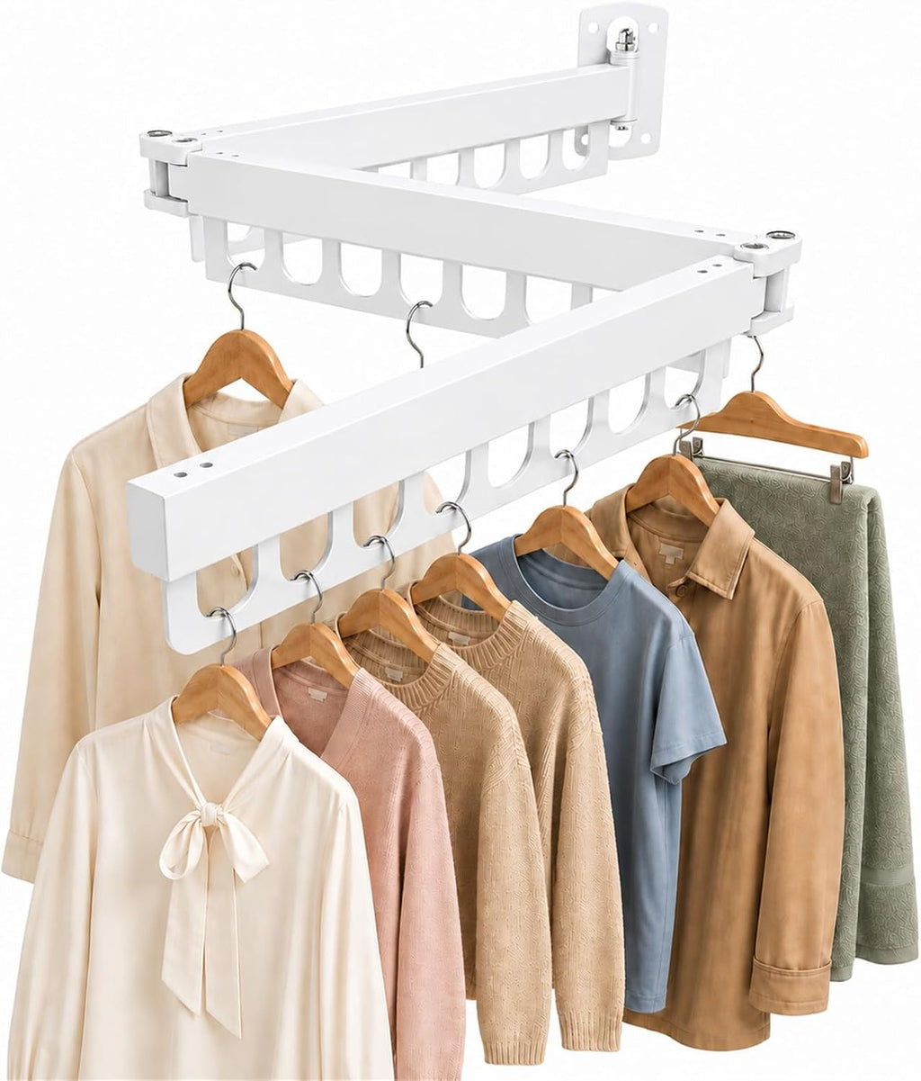 Retractable Wall Mounted Clothes Drying Rack, Rustproof Steel Drying Rack with 24 Hanging Holes, Space‑Saving Design for Apartments, Laundry Rooms, Balconies & RVs White
