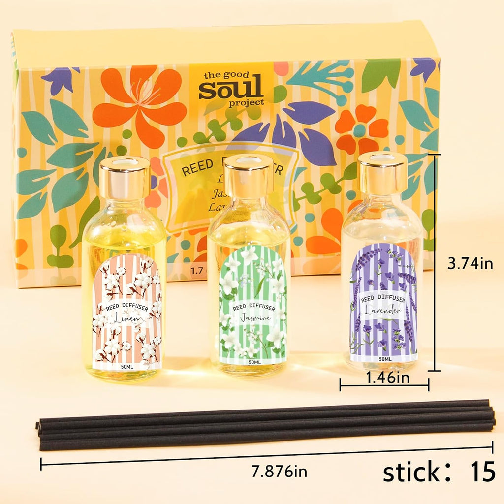 Reed Diffuser Set of 3 - Linen Lavender Jasmine Oil Diffuser with 15 Sticks, Reed Diffusers for Home Bathroom Shelf Air Freshener, 1.7 Fl. Oz Each, Total 5.1 Fl. Oz