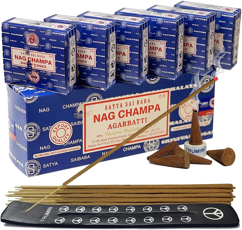 Nag Champa Incense Sticks 250g and Cones Variety Pack with Burner Holder Bundle from Satya Incense 250g Trumiri for Smudging and Aroma
