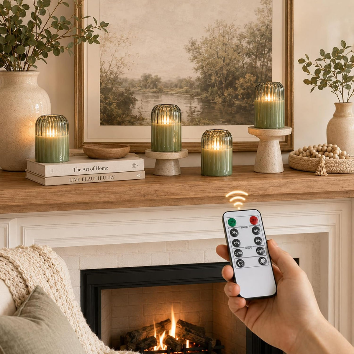 Lezonic Green Glass Flameless Candles with Remote, Set of 4 Dancing Flame LED Pillar Candles, Real Wax Battery Operated Candles with 2/4/6/8H Timer, Fall Halloween Thanksgiving Christmas Decor