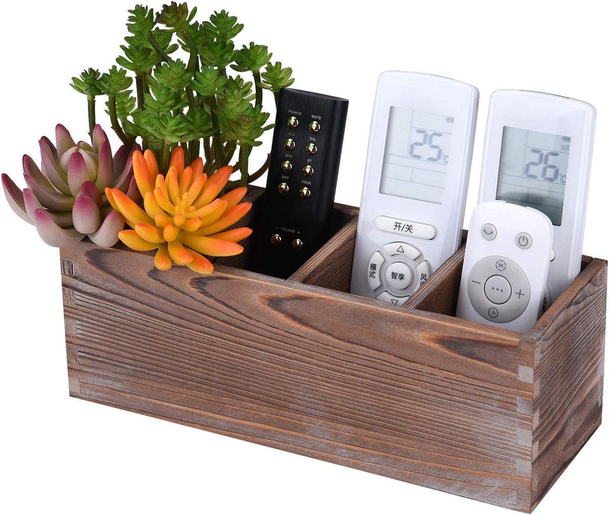 WuGeShop Wood Remote Control Holder 4 Compartments, Rustic Wooden Table Remote Caddy, Multi-use Desktop TV Remote Storage Organizers for Controller, Phones, Stationery, Office Supplies