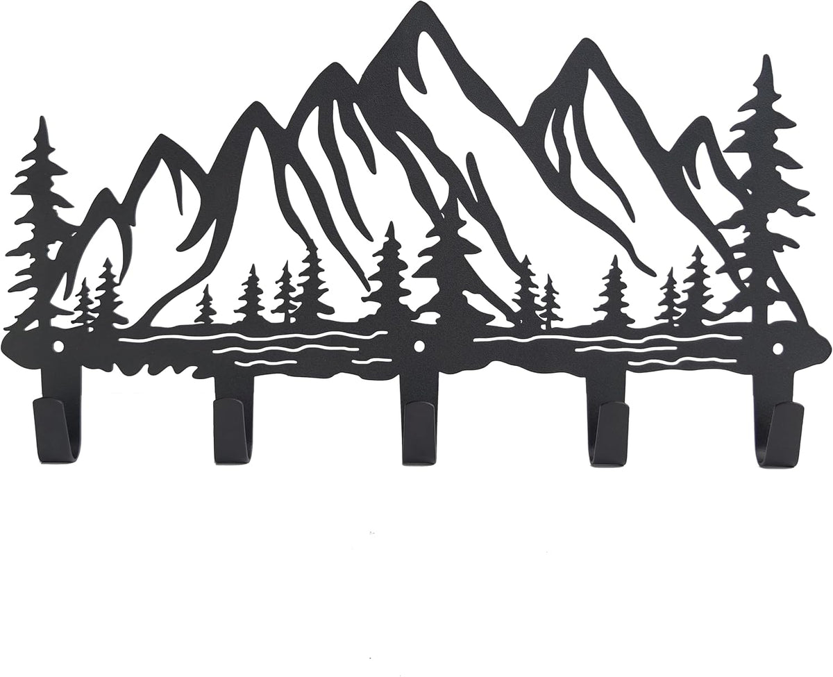 Metal Mountain Coat Hooks Wall Art Decor-Mountain Hangers and Key Holder-Clothes Hat Rack and Backpack Hanger Decor for Storage, Living Room, Hallway, Office (Black)