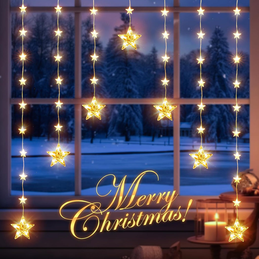 Marchpower 46 Stars Curtain Lights, Battery Operated Christmas Star Window Lights - Warm White with Timer & Memory Function & 8 Modes, IP65 Waterproof for Indoor Window Decoration