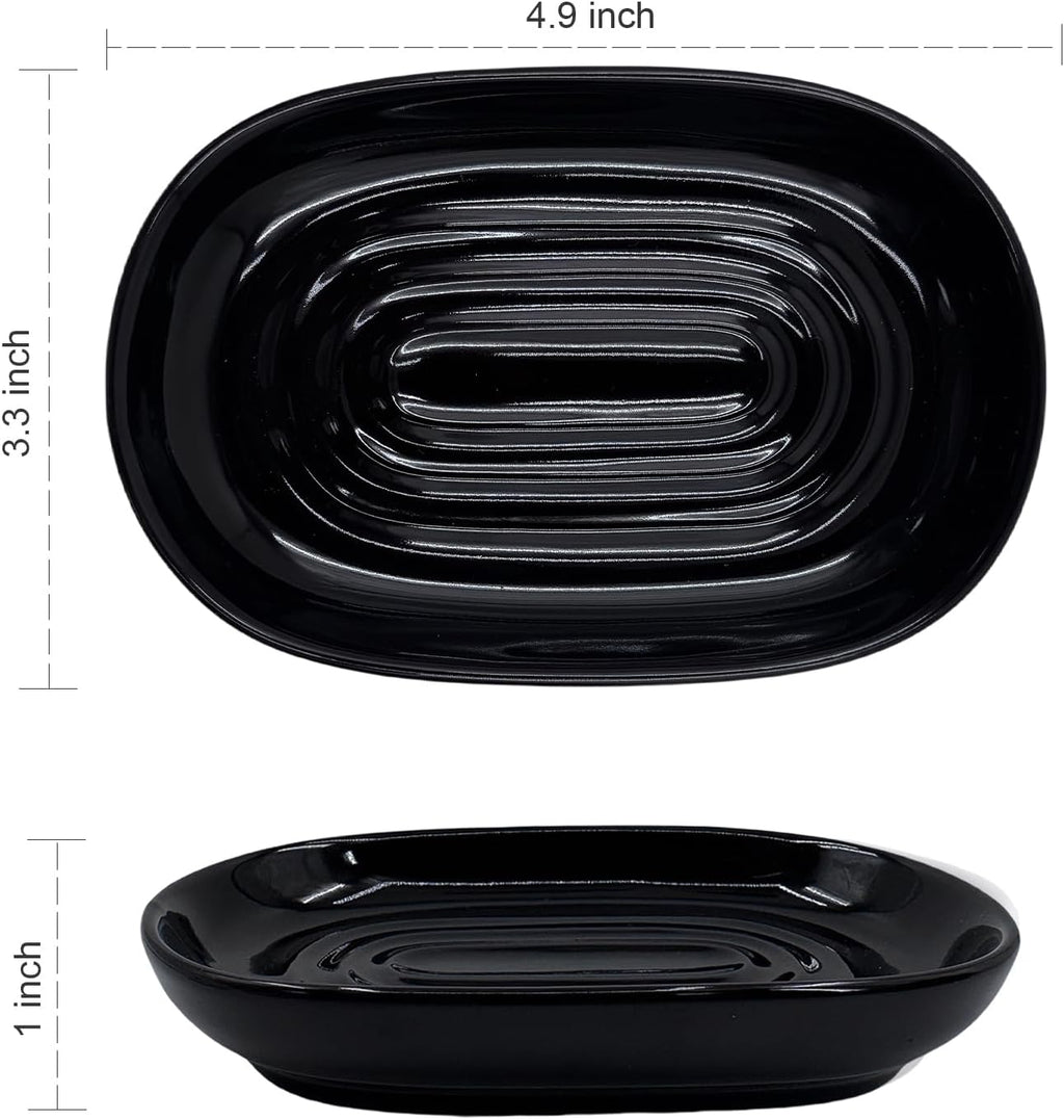 Ceramic Marble Pattern Soap Dish, Textured Raised Soap Saver Tray for Shower Bathroom Kitchen Sink Vanity, Easy to Clean Multi-Use Holder for Bar Soap Jewelry Rings Keys, Black (1 Pack)