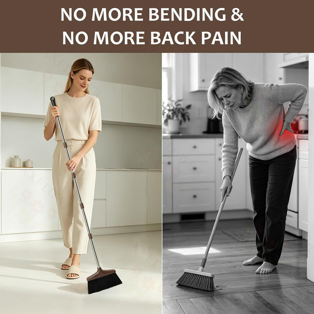 Broom and Dustpan Set with Long Handle, Light Weight Stainless Steel Poles Stand Upright Dustpans with Broom Combo for Home Kitchen Office Pet Dog Hair, 1-Pack (Black Brown)