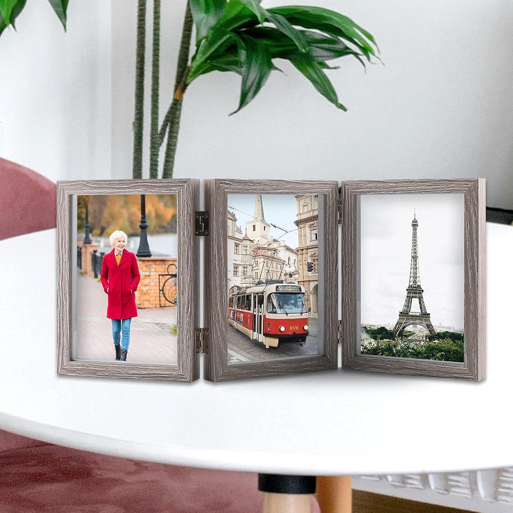 5x7 Triple Hinged Picture Frames Shadow Box MDF Wood Grey with Real Glass 3 Vertical Opening Family Lover Gift