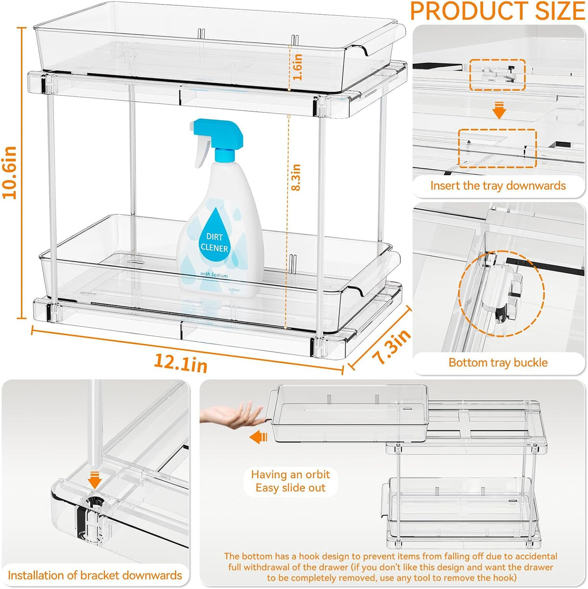 Yieach 4 Pack Under Sink Organizers and Storage,Clear Acrylic Bathroom Organizer and Cabinet Organization for Makeup,Medicine,Two Tier Pull Out Cabinet Organizer Drawers for Pantry,Vanity Storage Bins