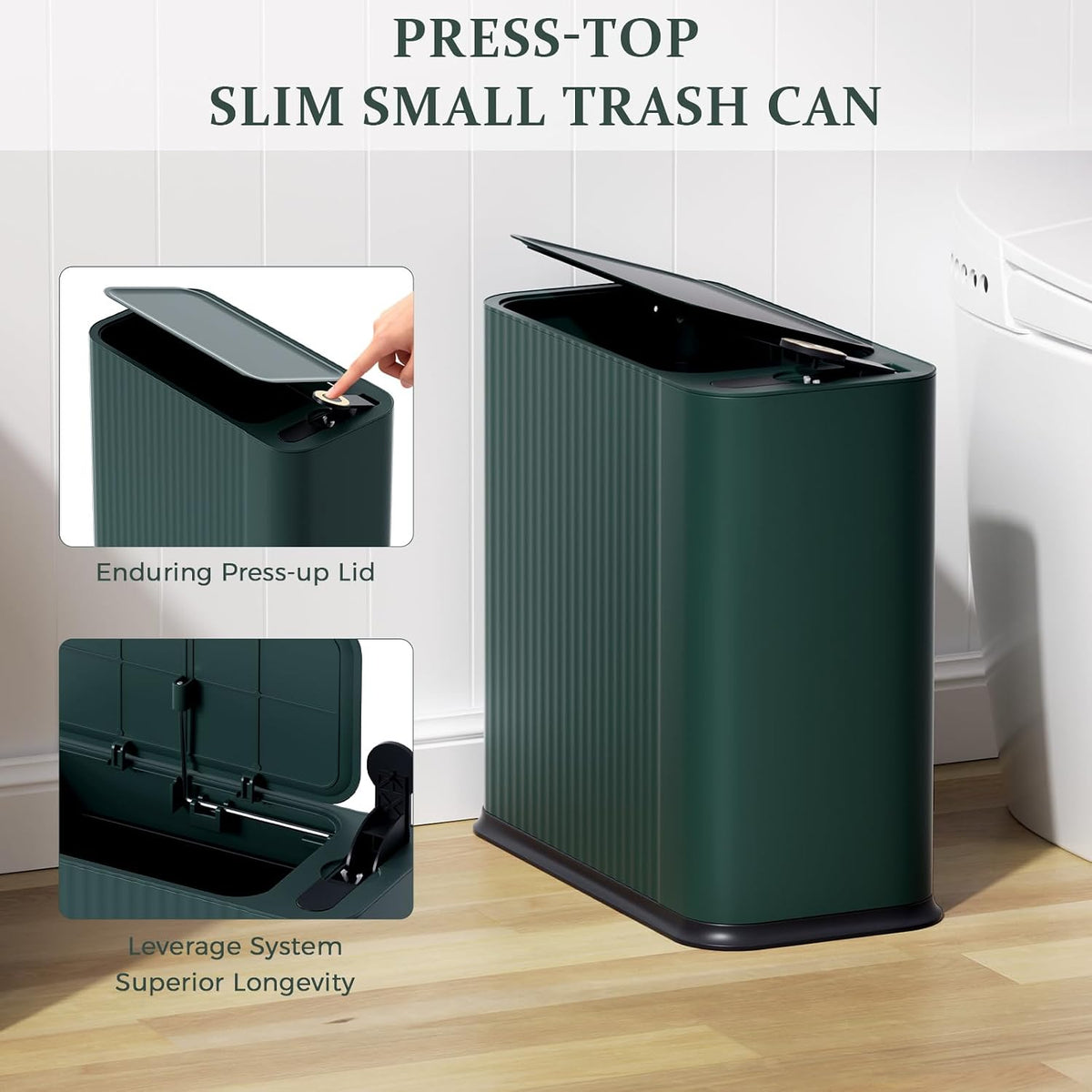 Bathroom Trash Can with Lid and Tissue Box Cover Set 13 L/ 3.5 Gallon Dark Green Trash Can with Pop-Up Lid Small Garbage Can for Bathroom Bedroom Office Kitchen