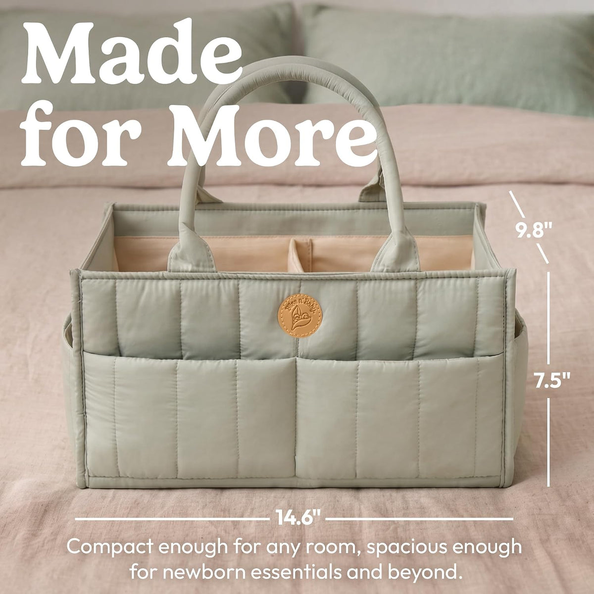 Baby Diaper Caddy Organizer - Portable Diaper Caddy with Handles & Removable Dividers - Large & Quilted Nursery Storage Basket - Changing Table Bag for Car - Baby Shower & Registry Gift - Sage Green