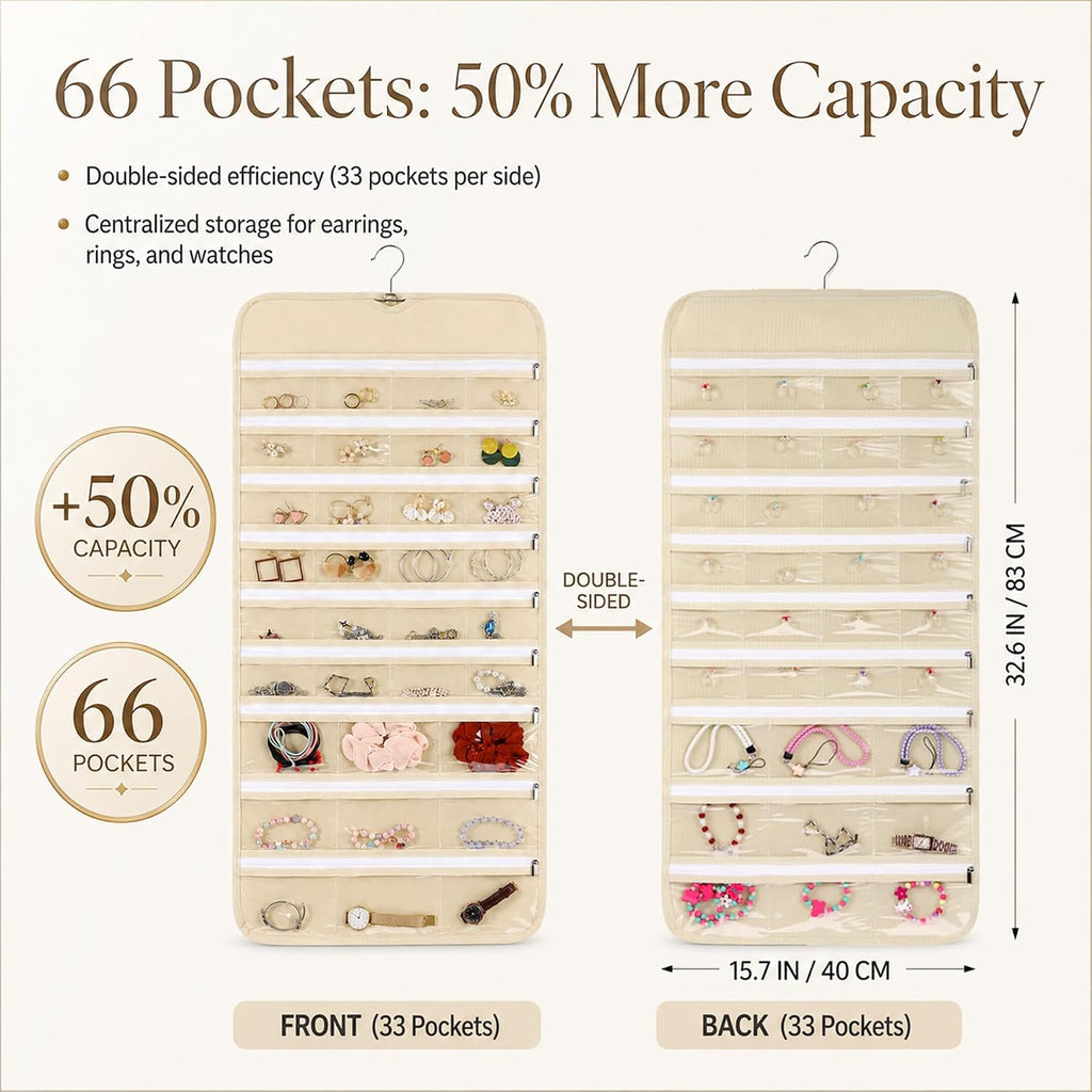Cabilock 66 Pockets Hanging Jewelry Organizer, Double Sided Zippered Earring Holder with Clear Pockets, Space Saving Necklace Bracelet Ring Storage Bag for Closet, Door, Wall and Travel, Beige 1pcs