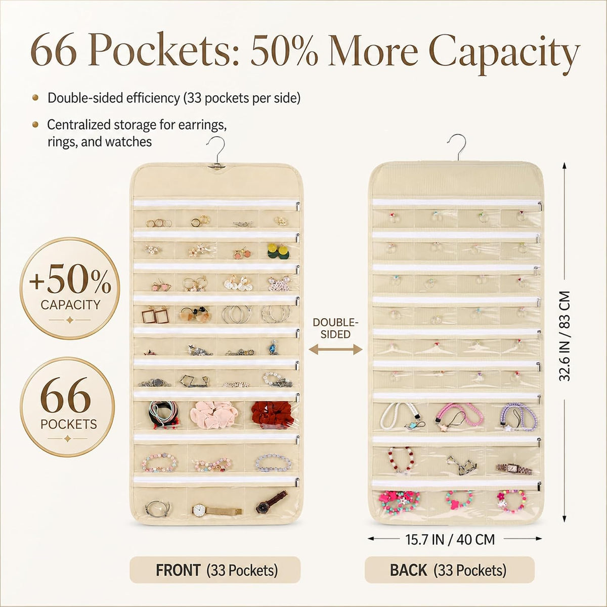 Cabilock 66 Pockets Hanging Jewelry Organizer, Double Sided Zippered Earring Holder with Clear Pockets, Space Saving Necklace Bracelet Ring Storage Bag for Closet, Door, Wall and Travel, Beige 1pcs
