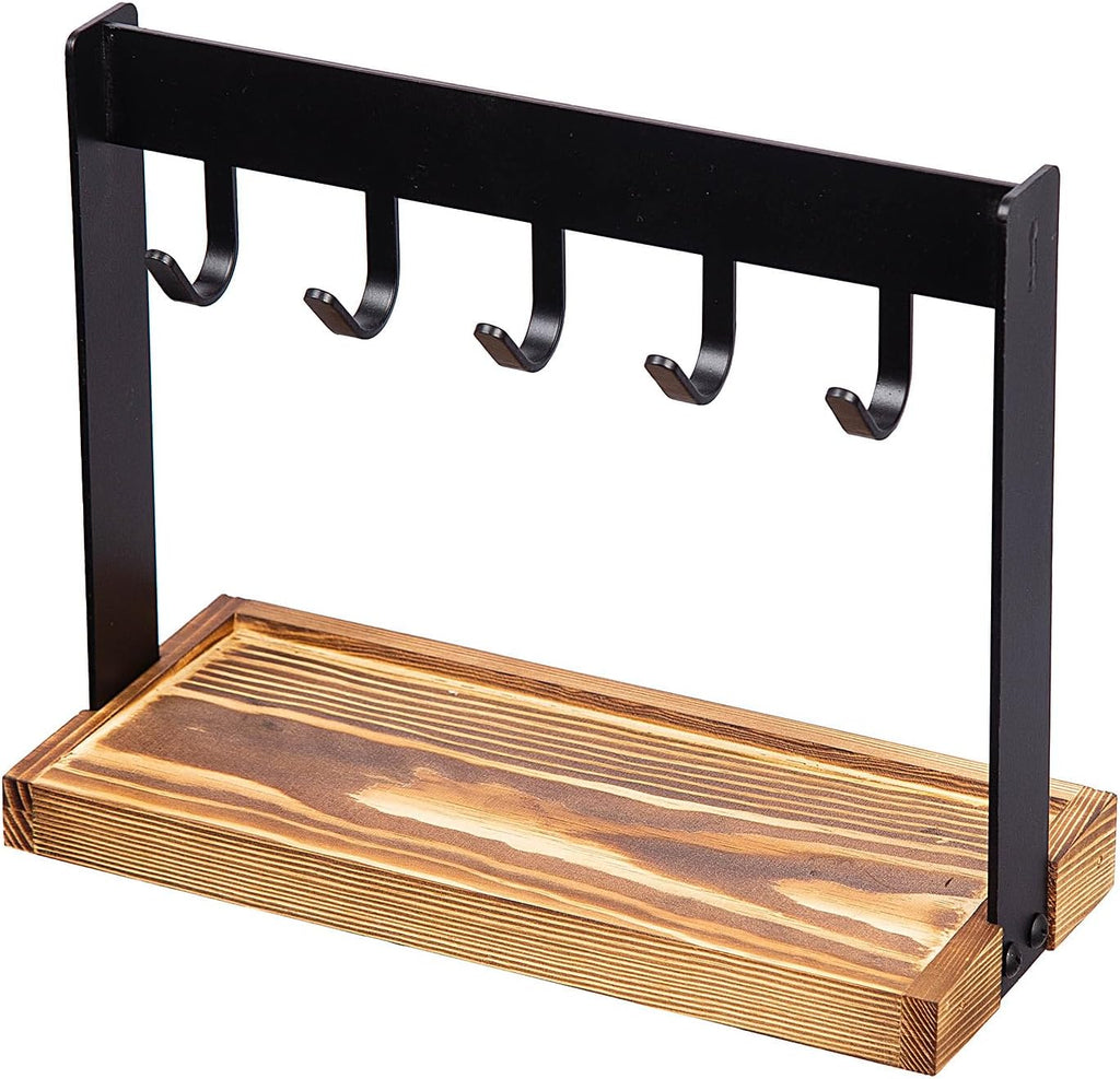 Metal 5-Hook Table Key Holder Torched Wood Base Rustic Industrial Tabletop Countertop Organizer Matte Rack Hanging Hooks Burnt Wooden Bottom Slot Rings Coins Accessories Jewelry Daily Supplies