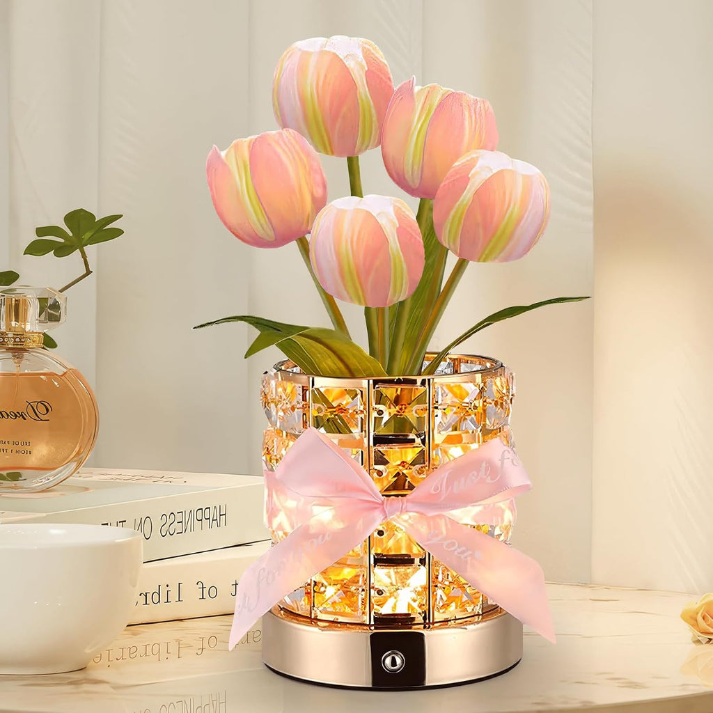 Tulip Flower Lamps, Rechargeable Cordless Small Desk Lamp, 3 Colors Dimmable Artificial Flowers Night Light, Fake Bouquet 5 Tulip with Crystal Vase for Home Date Party Decoration (Tulip-Pink)