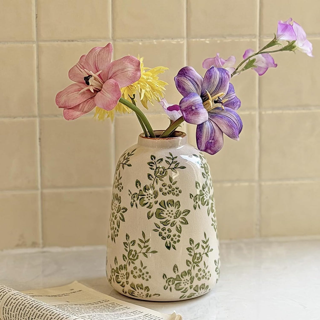 Chinoiserie Green Ceramic Vase Vintage Flower Vase, 7.9in