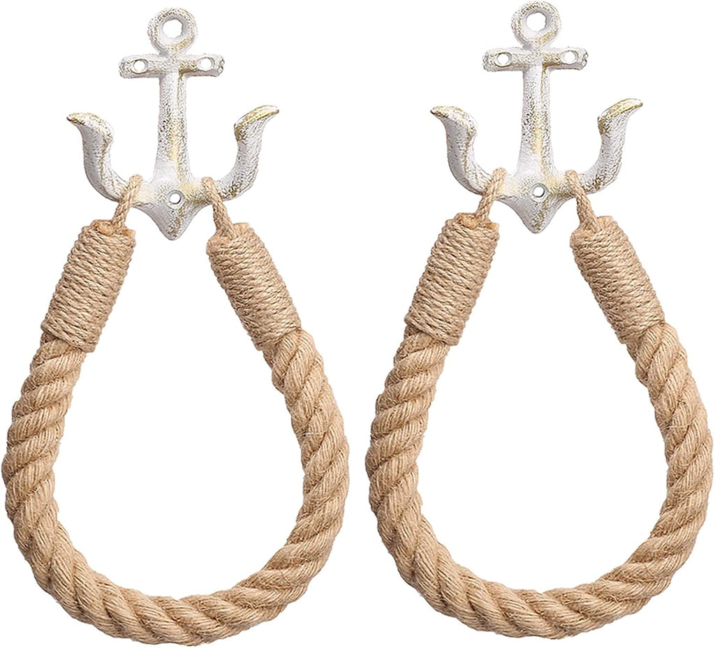 2 Pcs Nautical Rope Toilet Paper Holder Wall-Mounted Towel Ring Nautical Toilet Paper Holder with Metal Hooks Coastal Towel Rack Natural Antique Rope(White+White)