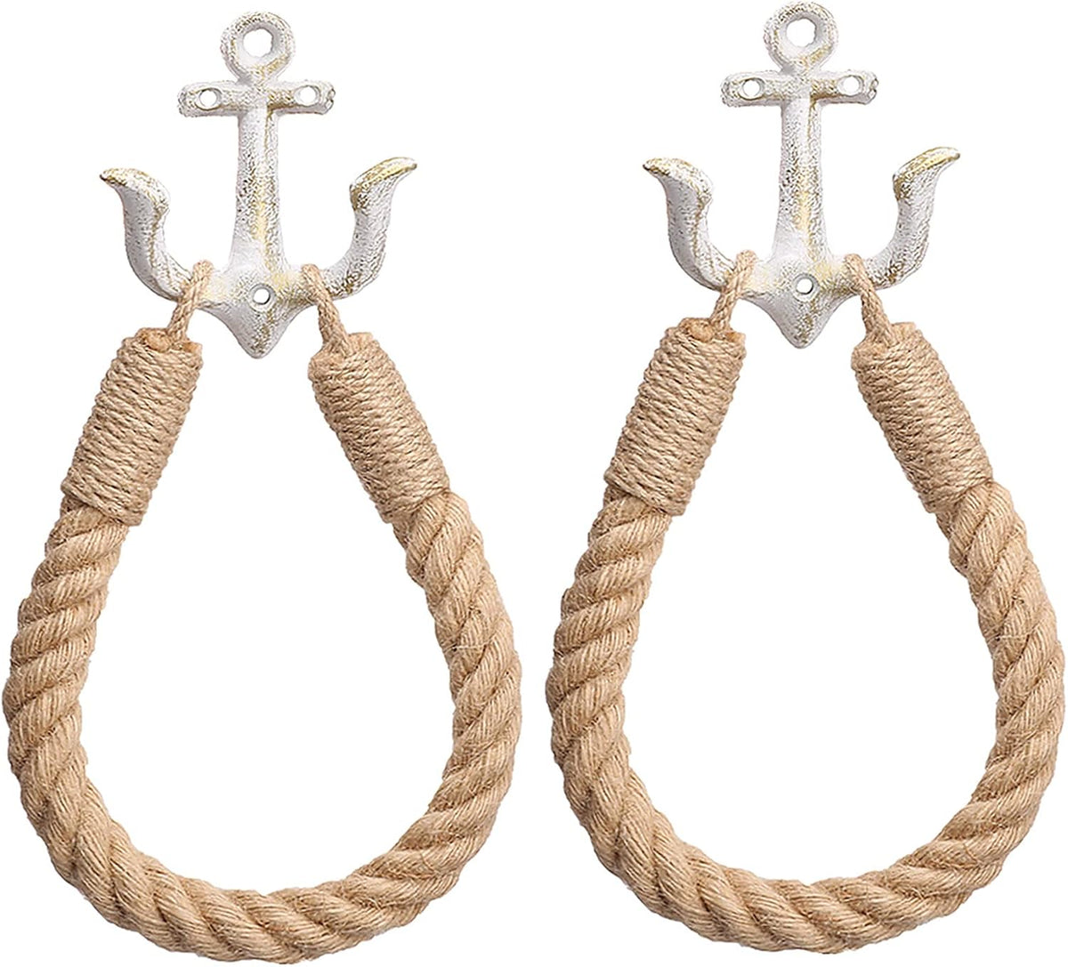 2 Pcs Nautical Rope Toilet Paper Holder Wall-Mounted Towel Ring Nautical Toilet Paper Holder with Metal Hooks Coastal Towel Rack Natural Antique Rope(White+White)