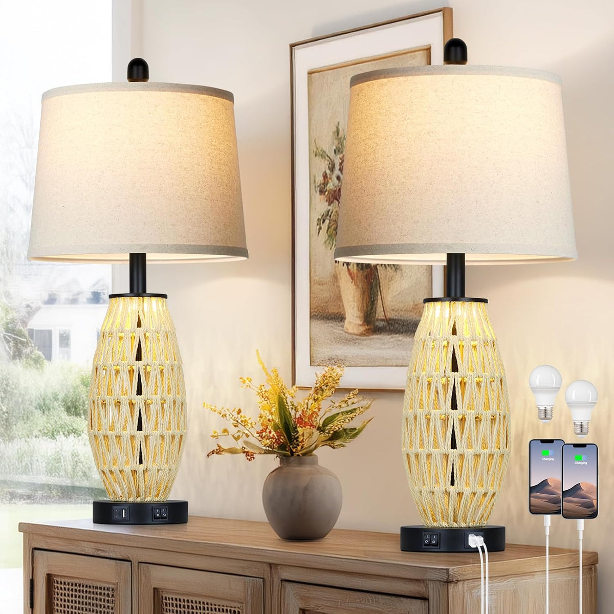 CINSARY 27“ Beige Boho Rattan Table Lamps with Night Light, Natural Bedroom Lamps Set of 2 with USB A+C Charging Ports, Rustic Farmhouse Woven Wicker Bedside Nightstand Lamp for Living Room End Tab