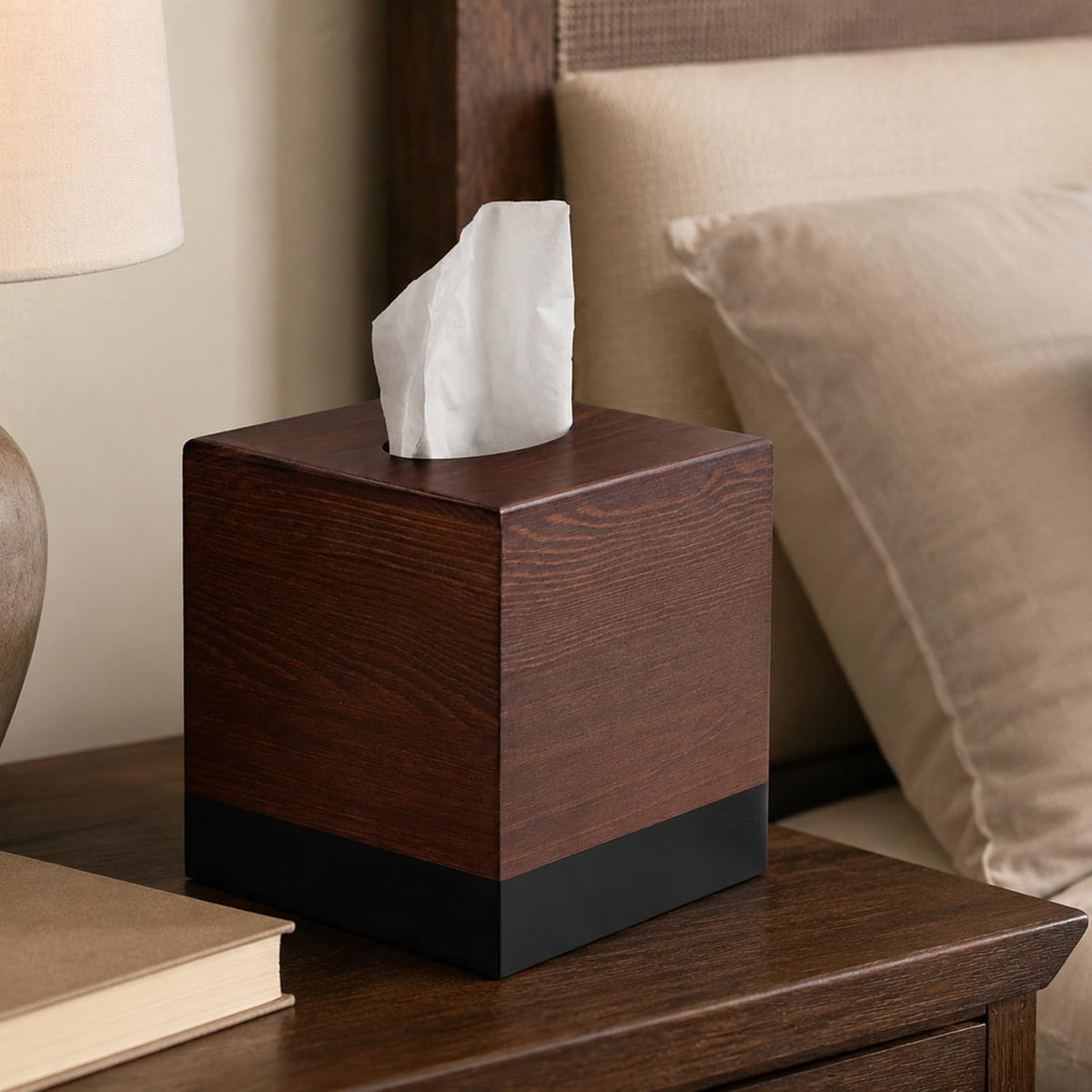 Square Tissue Box Cover, Wooden Tissue Box Holder with Slide-Out Magnetic Bottom, Pine Wood Tissue Box Cube for Bathroom, Bedroom, Nightstand & Table, 5.5 x 5.5 x 6.1 Inches