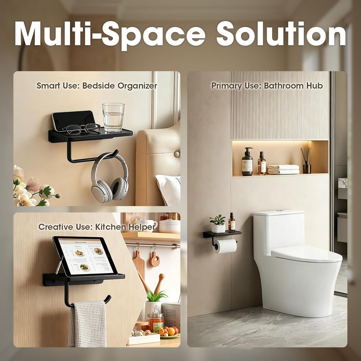 TRUSTMI Toilet Paper Holder with Shelf & Phone Stand, Matte Black