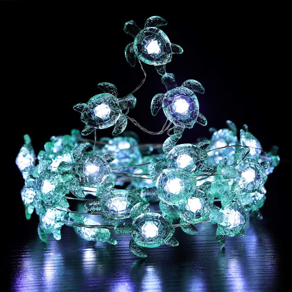WSgift Sea Turtle Decorative String Lights, 18.7 Ft 40 LED USB Plug-in Silver Copper Wire Beach Theme Fairy Lights for Indoor Outdoor Decoration Projects (Cool White, Remote Control with Timer)