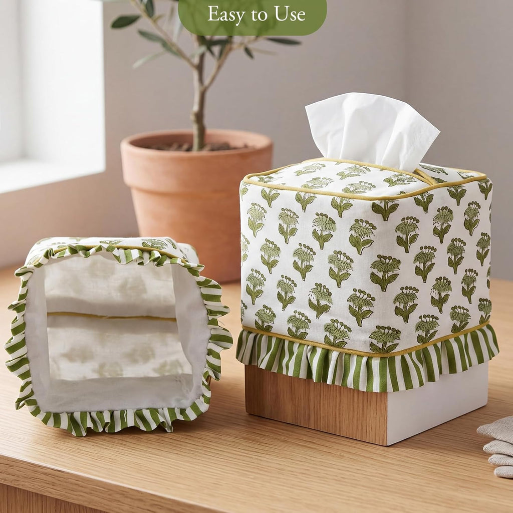Emerald Green Floral Ruffle Tissue Box Cover Block Printed