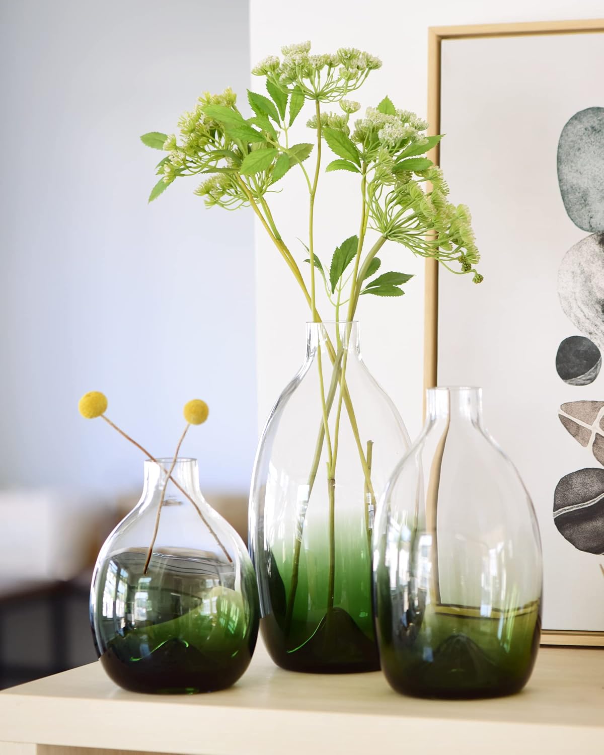 CONVIVA Modern Green Glass Flower Vase Set, 3 Sizes 11" 9" 7" Height