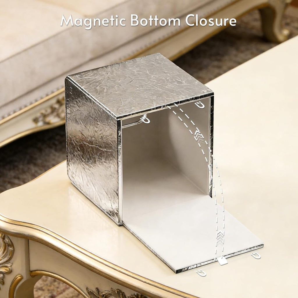 Silver Tissue Box Cover,Square Leather Tissue Box Cover with Magnetic Closure,Tissue Vessel for Bathroom Toilet Bedroom Living Room Table Desk Office,Modern Home Decor