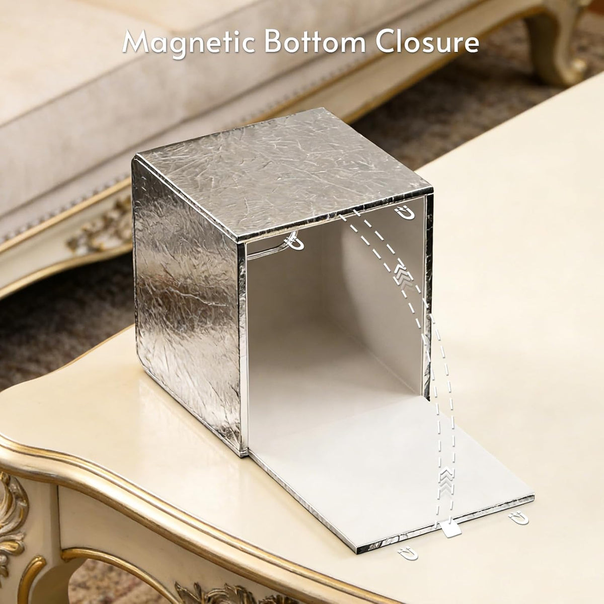Silver Tissue Box Cover,Square Leather Tissue Box Cover with Magnetic Closure,Tissue Vessel for Bathroom Toilet Bedroom Living Room Table Desk Office,Modern Home Decor