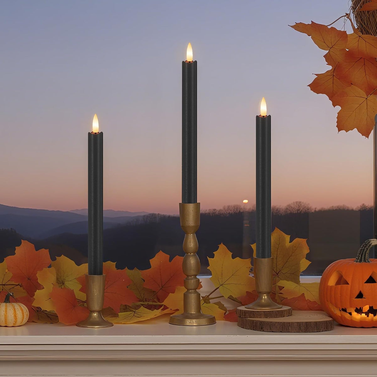 JOIONE Halloween Black Flameless Taper Candles with Remote Set of 3