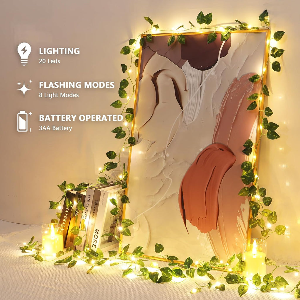Vines with Lights Battery Operated, 6.56ft 20 LED Pothos with Fairy Lights, Leaf Lights with 8 Modes, Fake Vines Ivy String Lights for Bedroom, Wall, Room, Garden, Party Decor, 4 Pack
